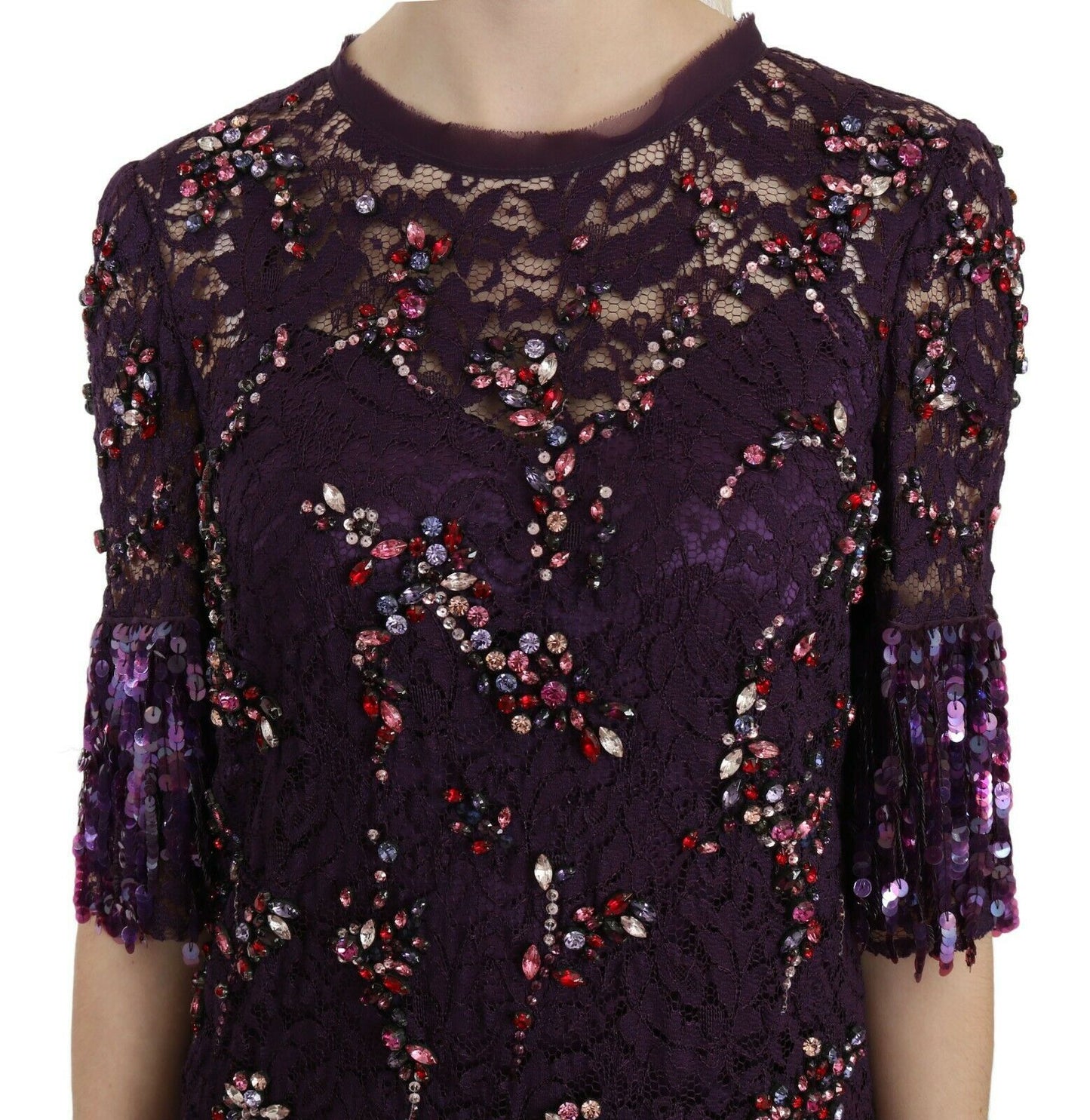 Purple floral lace crystal embedded dress