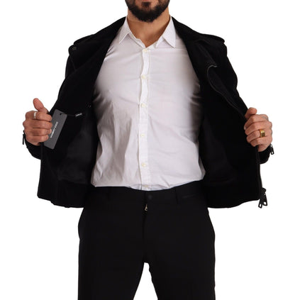 Black Cotton Full Zip Biker Coat Jacket