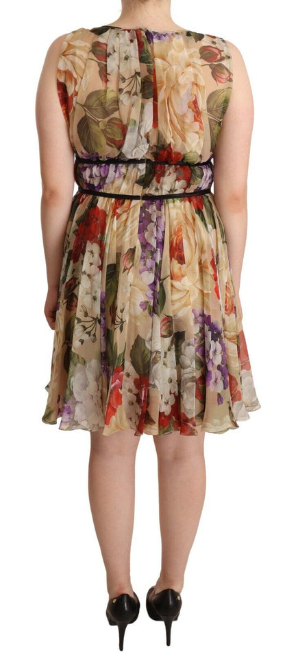 Beige Floral Sleeveless Round Neck Mini Dress