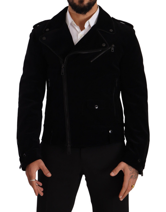 Black Cotton Full Zip Biker Coat Jacket