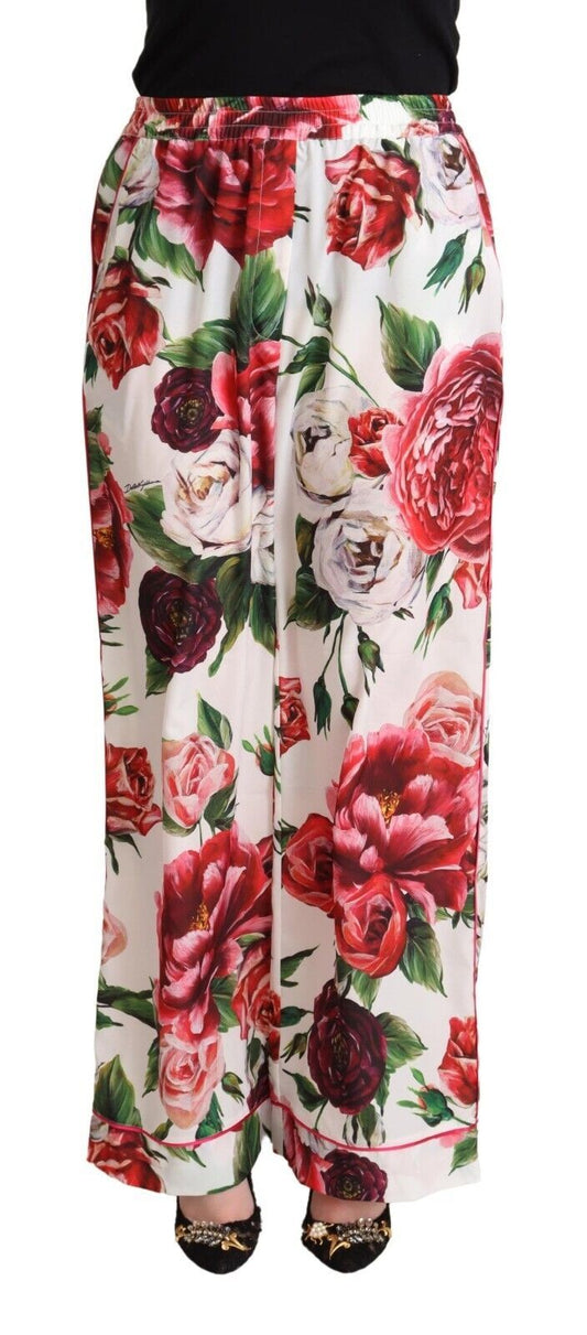 White Floral Print Mid Waist  Wide Leg Pants