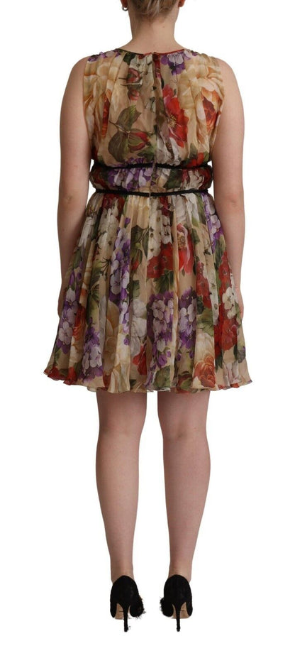 Beige Floral Sleeveless Round Neck Mini Dress