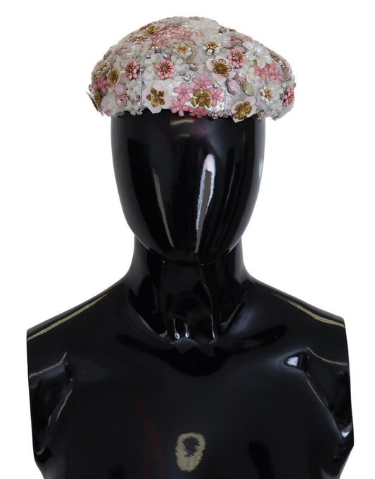 White Nylon Floral Embellished Hat