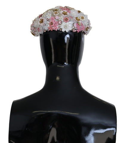 White Nylon Floral Embellished Hat