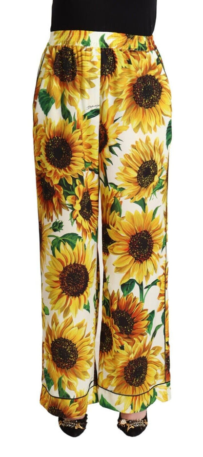 White Sunflower Print Mid Waist Wide Leg Pants
