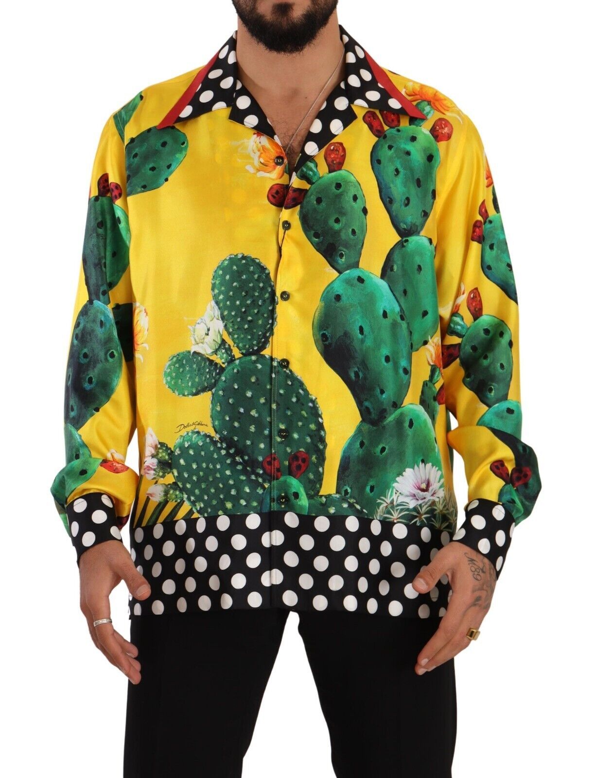 Yellow Green Cactus Silk Hawaiian Top Mens Shirt